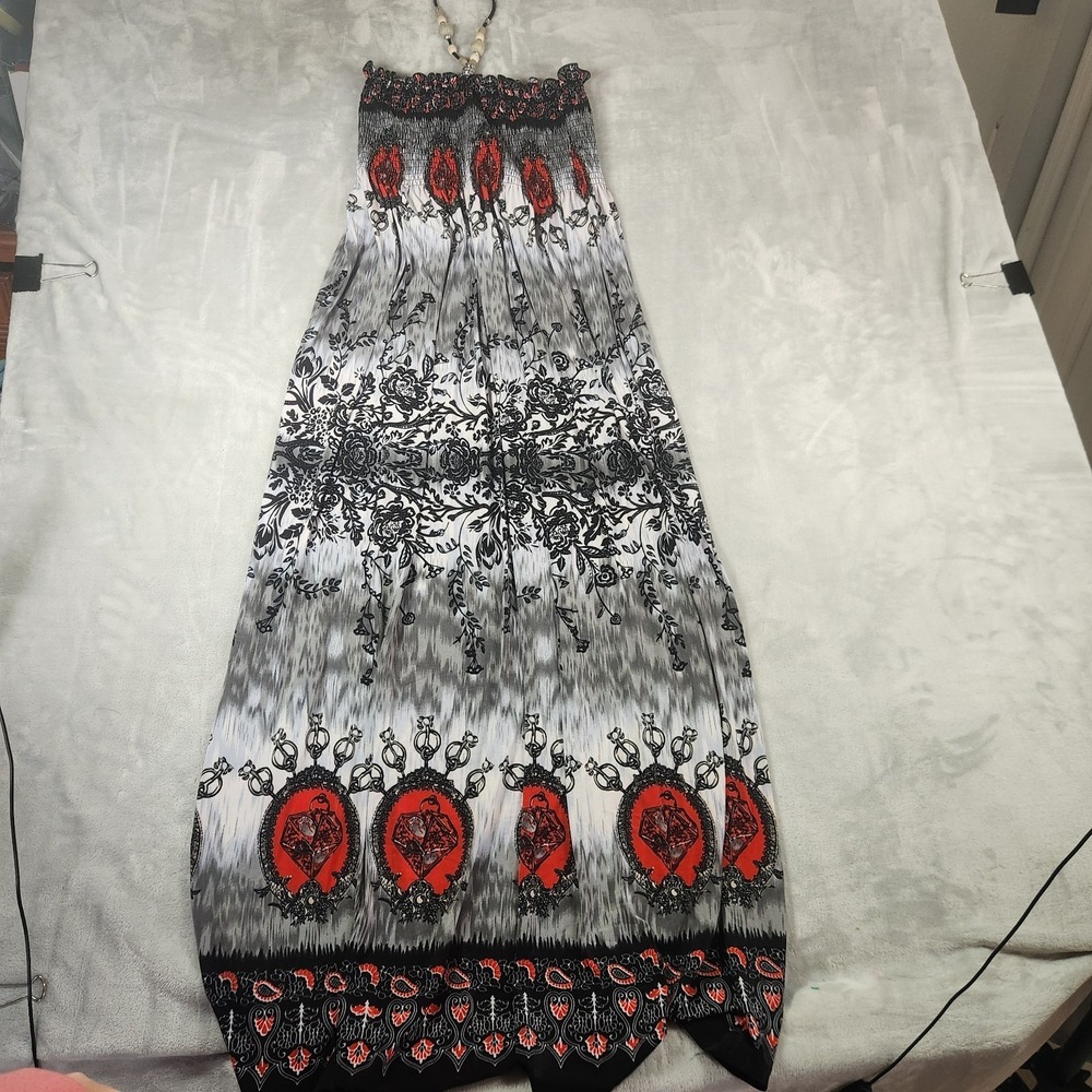 Chesley Maxi Dress Womens L Black Red‎ Tribal Halter Smocked Whimsygoth Rocker